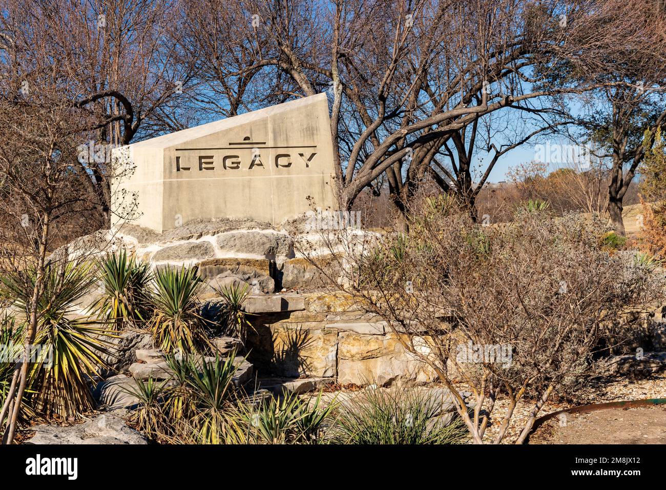 Legacy Business Park Steinmarkierung im Nordwesten von Plano, Texas. Stockfoto