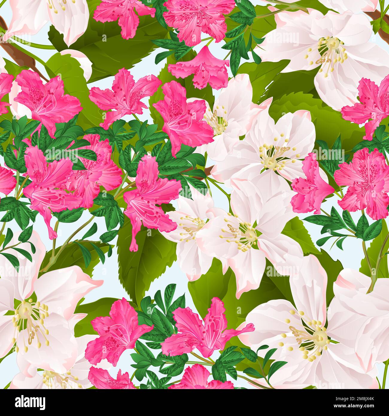 Nahtlose Textur Rosa Rhododendrons und Apfelbaum-Zweig mit Blumen blauer Hintergrund Vintage-Vektor-Illustration editierbar Handzeichnen Stock Vektor