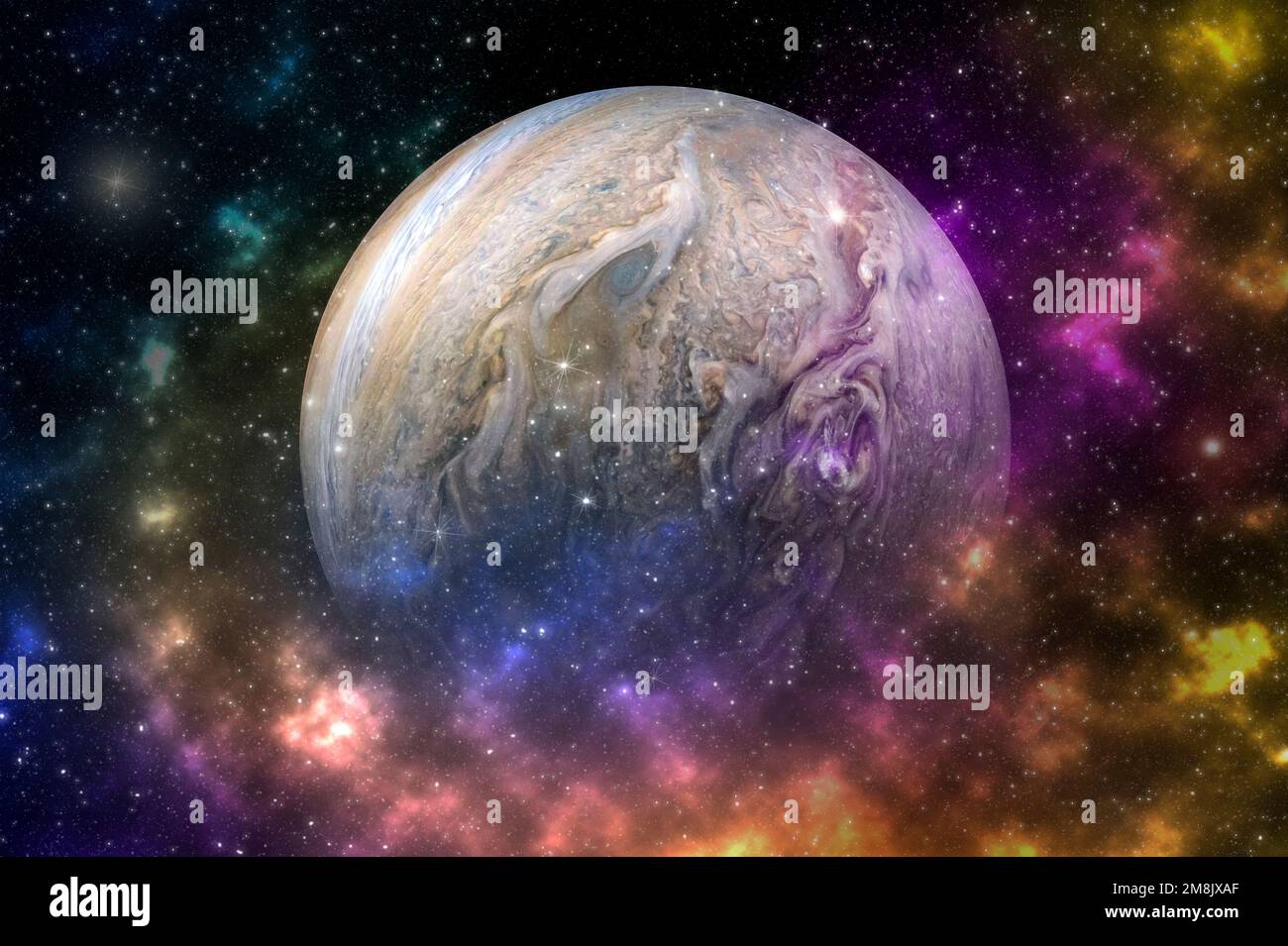 Magischer jupiter-Planet in den farbenfrohen Sternenuniversen, Elementen dieses Bildes, bereitgestellt von der NASA Stockfoto