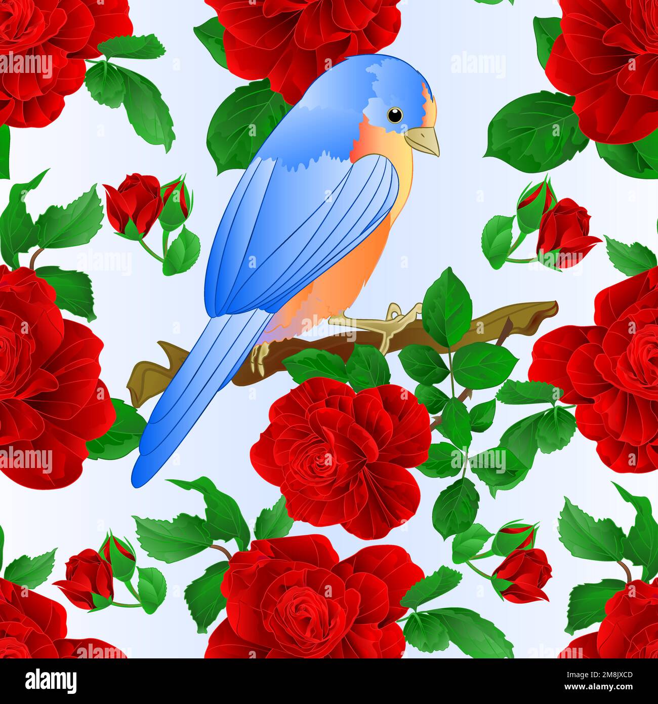 Nahtlose Textur kleiner Songbirdon Bluebird Soor und rote Rose Frühling Hintergrund Vintage Illustration editierbar Handzeichnen Stock Vektor