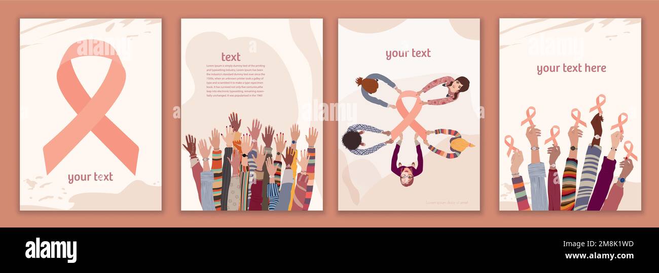 Uteruskarzinombewusstsein-Konzept. Gruppe verschiedener Kulturen weibliche Hände halten ein rosa Band. Solidarität und Unterstützung für Frauen, die gegen den Uterus kämpfen Stock Vektor