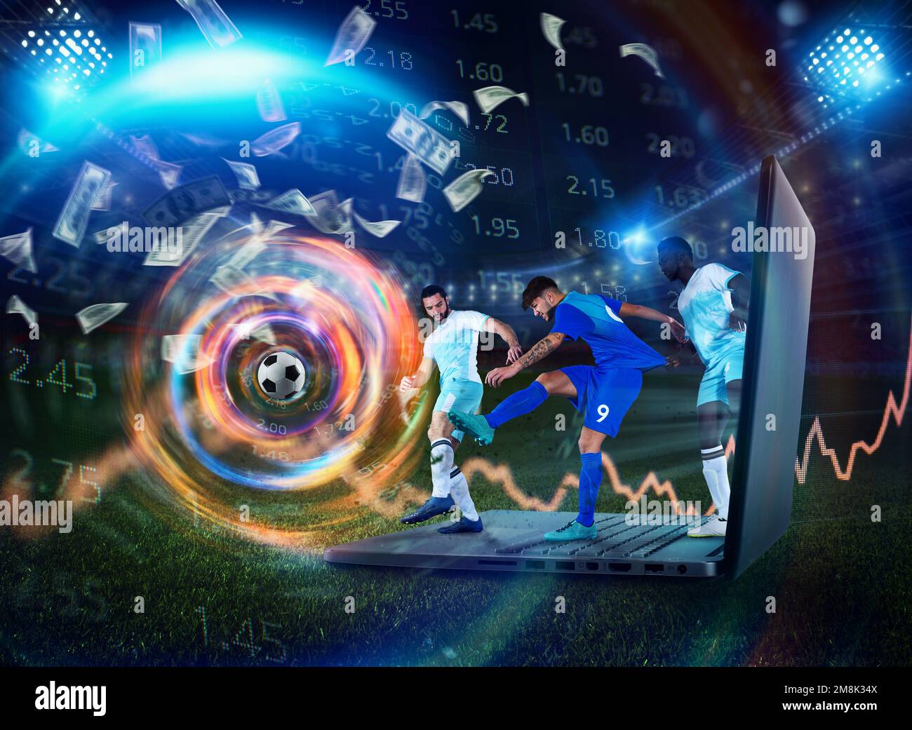 Fußballspieler spielen auf einem Laptop das Konzept von Fußball-Online-Wetten Stockfoto