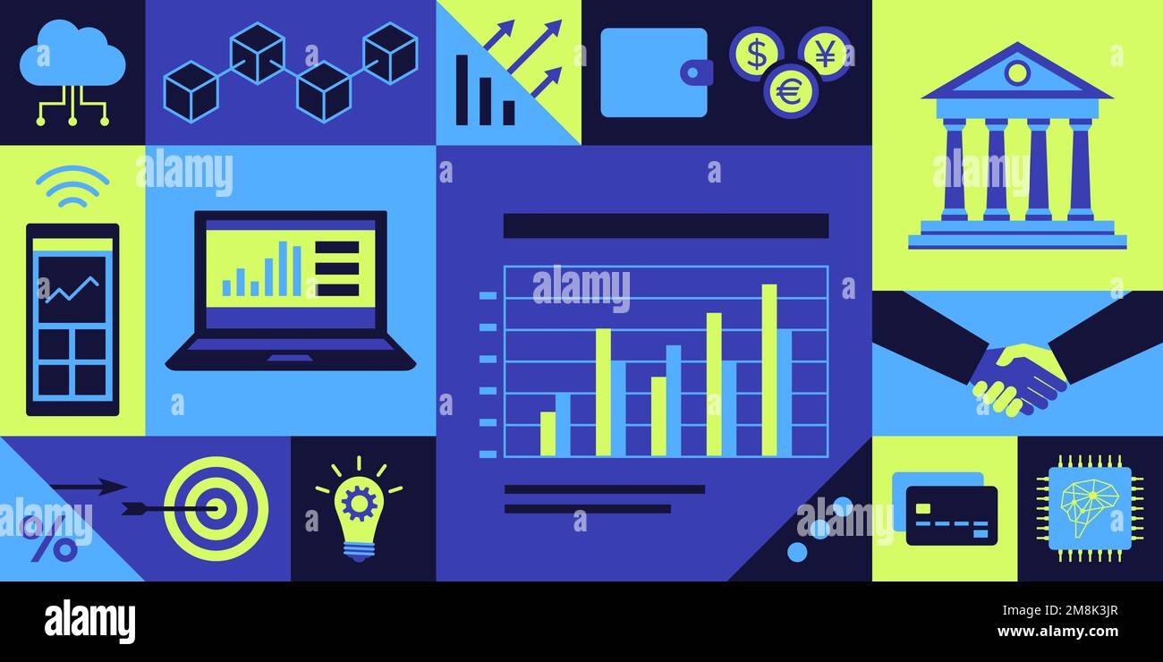 Geschäfts-, Finanz- und Technologiehintergrund mit Symbolen Stock Vektor