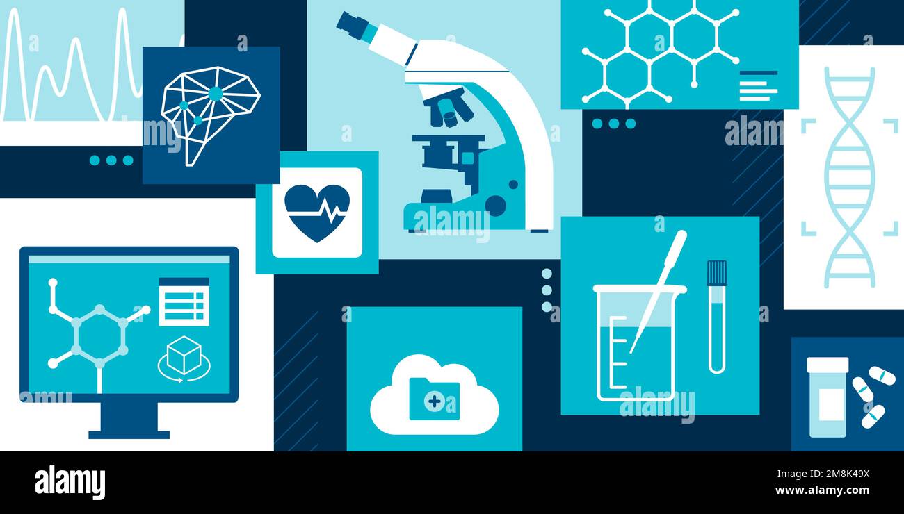Gesundheitspflege, medizinische Forschung, Technologie und Innovation Hintergrund mit Ikonen Stock Vektor