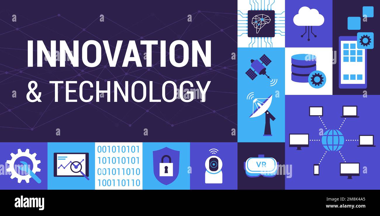 Informationstechnologie- und Telekommunikationskonzepte mit Symbolen: internet, Kommunikation und technologische Innovation Stock Vektor