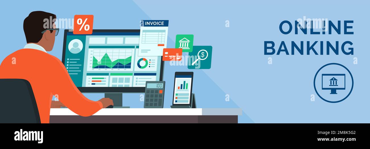 Ein Geschäftsmann, der im Büro arbeitet, prüft Finanzberichte und Diagramme auf seinem Computer Stock Vektor