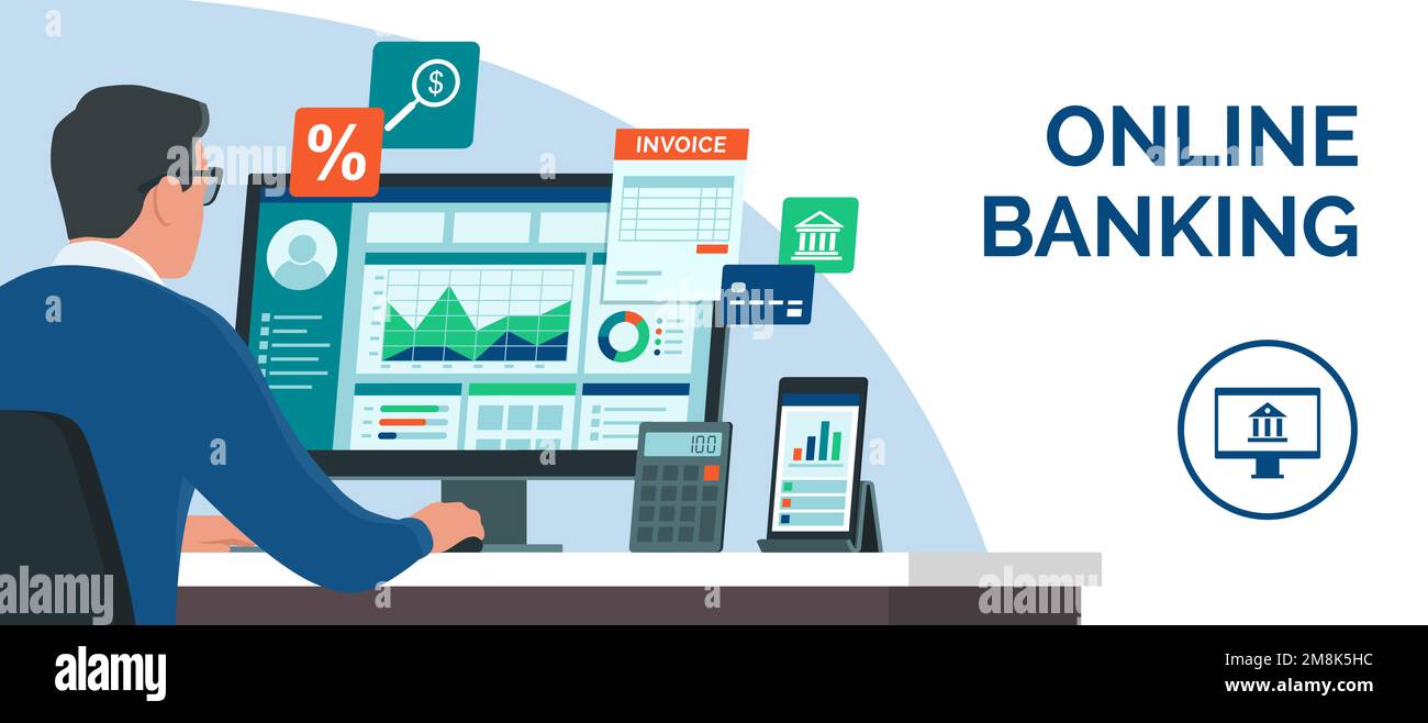 Ein Geschäftsmann, der im Büro arbeitet, prüft Finanzberichte und Diagramme auf seinem Computer Stock Vektor