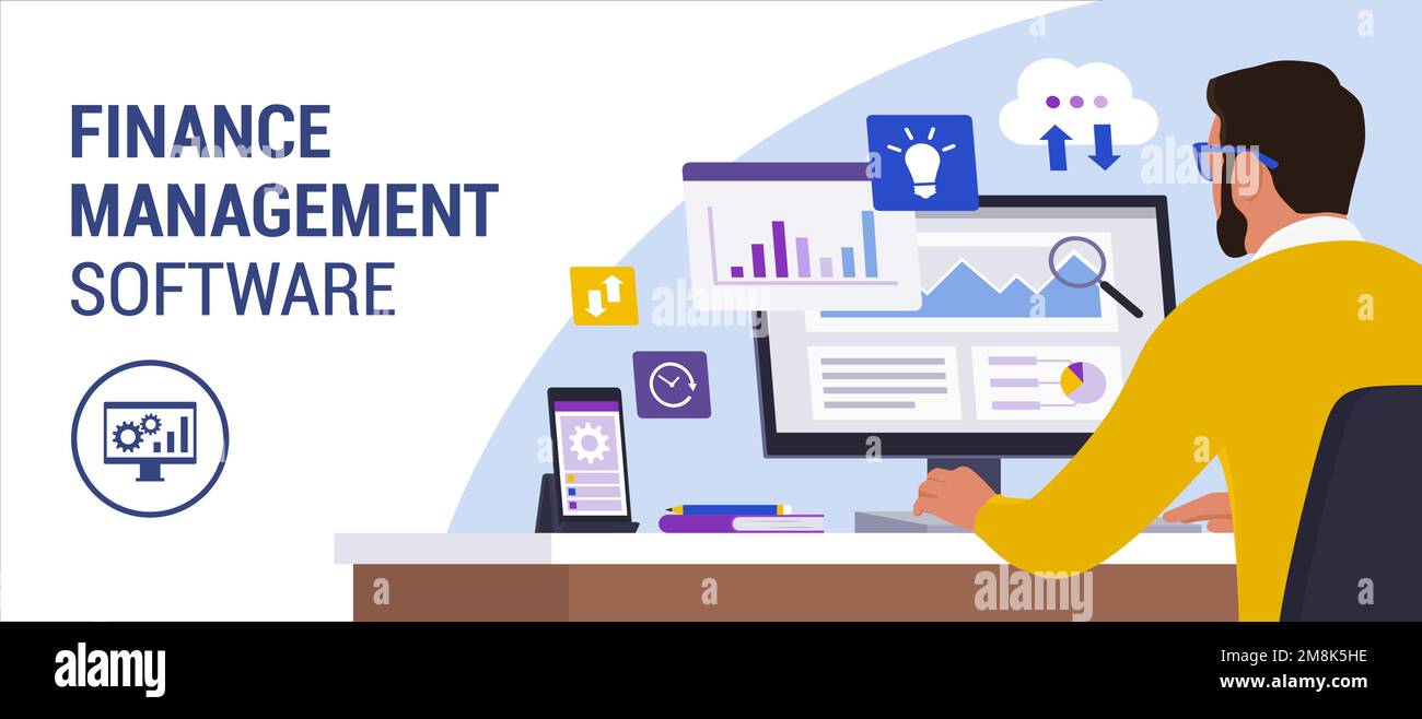 Geschäftsmann sitzt am Schreibtisch und prüft Finanzberichte über sein Computer-, Geschäfts- und Technologiekonzept Stock Vektor