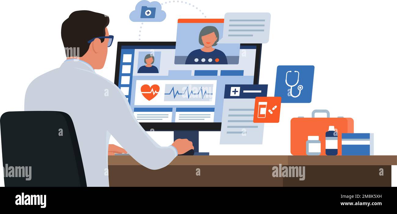 Online-Arzt im Gespräch mit einem Patienten auf einem Videoanruf, er gibt eine Beratung und verschreibungspflichtige Medizin, telemedizinische Konzept Stock Vektor