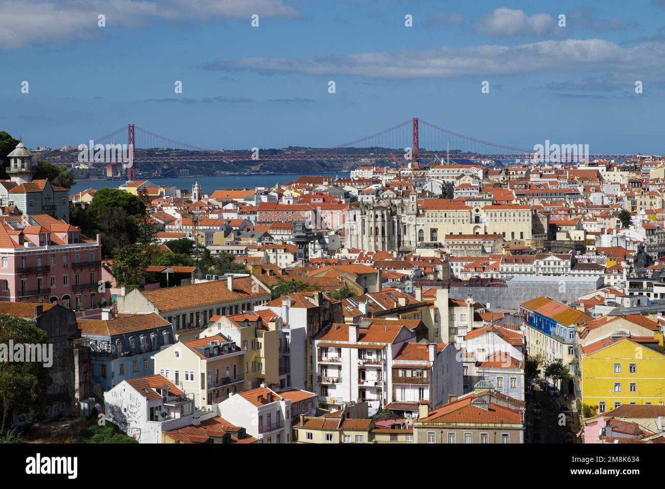 Panoramablick über die Innenstadt von Lissabon (Baixa), den Fluss Tejo und die Brücke vom 25. April (Ponte 25 de Abril). Portugal. Stockfoto