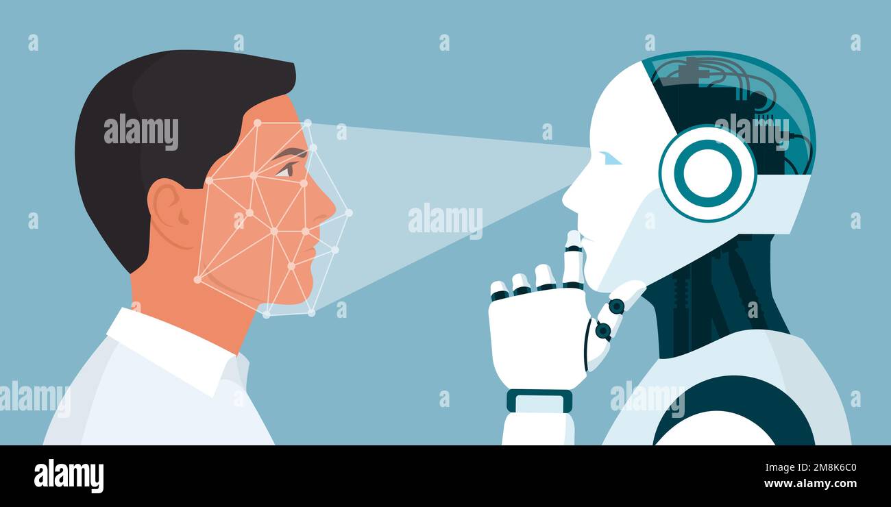 KI-Roboter, der das Gesicht und das Denken, die Biometrie und das Gesichtserkennungskonzept eines Mannes identifiziert Stock Vektor