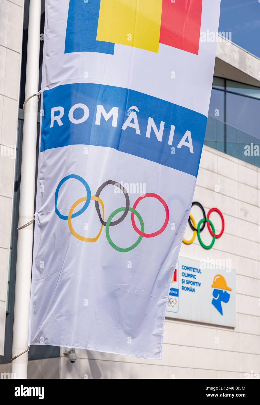 Ein Bild der Symbole des rumänischen Olympischen Komitees und des rumänischen Sportkomitees. Stockfoto
