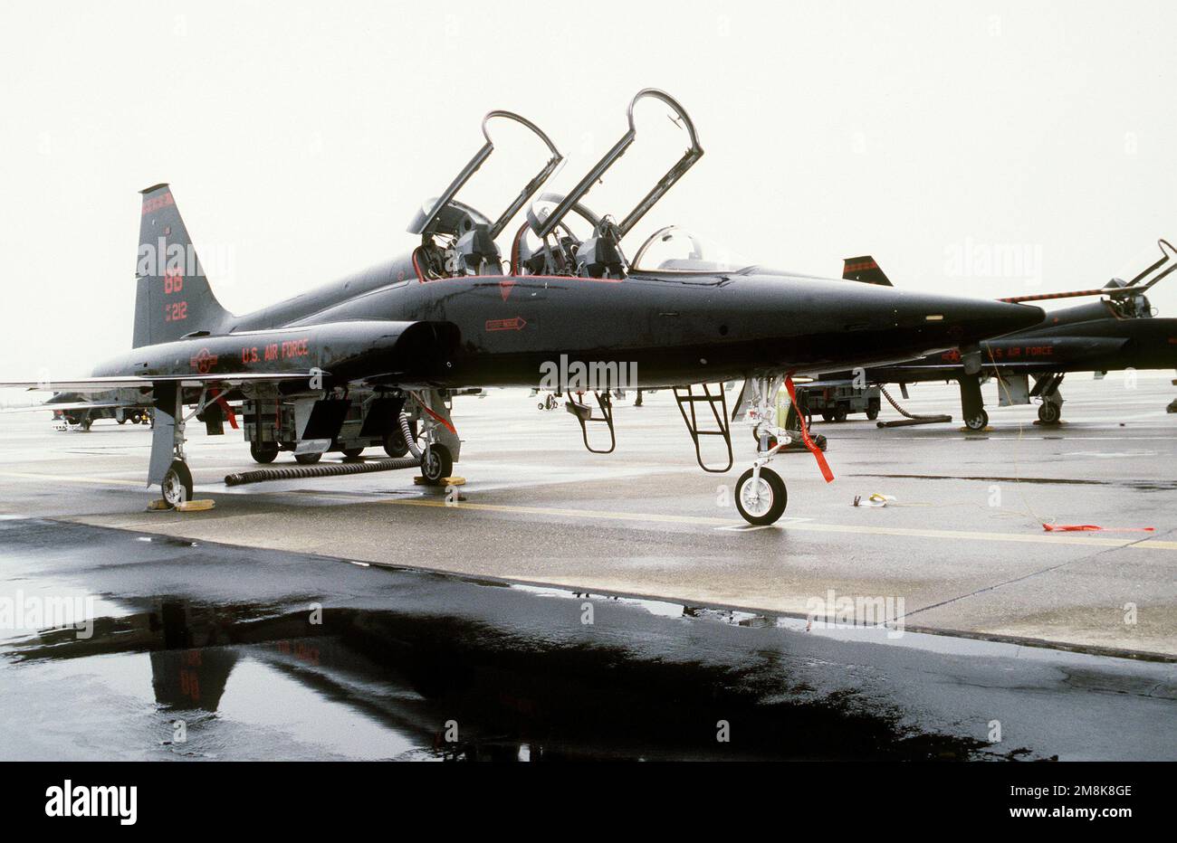 Ein neu gestaltetes T-38 Talon parkt in der Nähe der Landebahn. Das Luftkampfkommando hat dem Vorschlag zugestimmt, alle T-38s bei Beale AFB in glänzendes Schwarz neu lackieren zu lassen. Die Renovierung fand in der Holloman AFB, New Mexico, statt. Das Flugzeug war schwarz und hatte 13 Farbschichten. Der neue Lack erfordert nur eine Schicht und ist viel einfacher zu reinigen. Die Leistung wird verbessert, da das Flugzeug leichter ist. Die Radkästen sind ebenfalls weiß lackiert. Alle Flugzeuge sollen bis Ende des Jahres neu lackiert werden. Das erste neu lackierte Flugzeug kam am 18. Januar 1995 an. Stützpunkt Beale Luftwaffenstützpunkt Bundesstaat Kalifornien Stockfoto