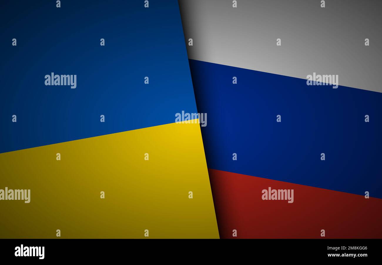 Flagge der Ukraine und Russlands. Ukrainische und russische zwei gefaltete Flaggen. Invasionskrise Stock Vektor
