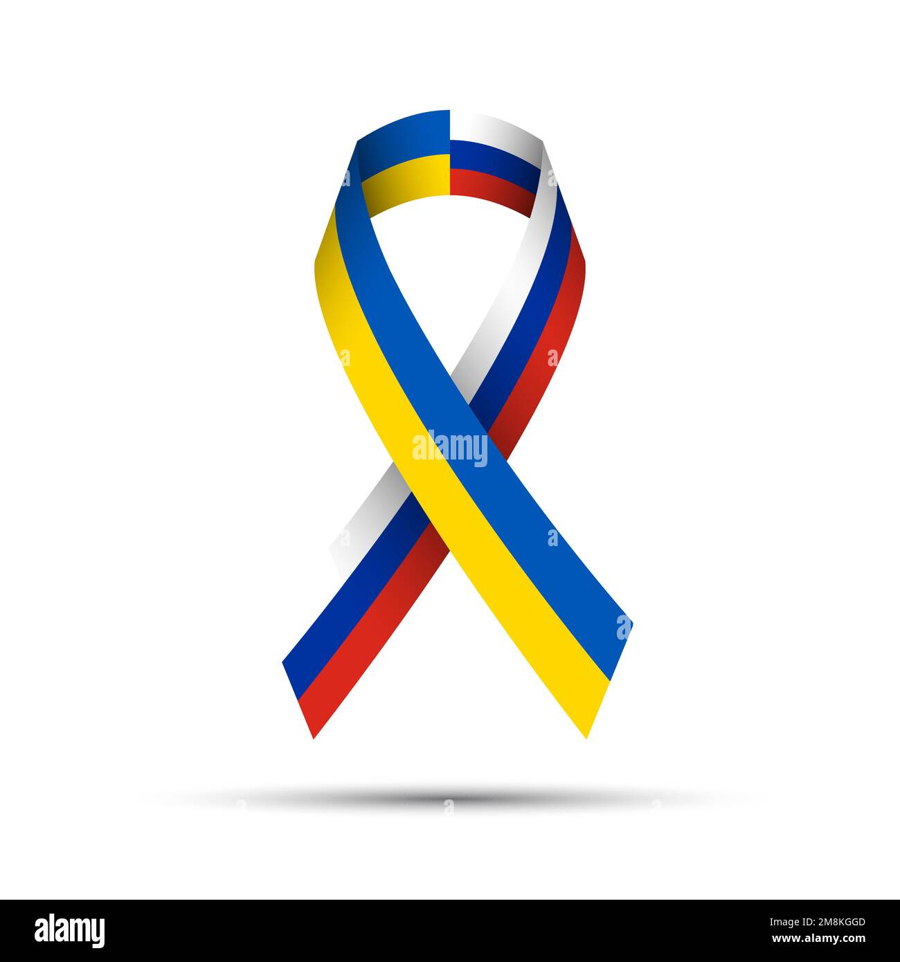 Gestreiftes Bannerband der Ukraine- und Russlandflagge auf weißem Hintergrund. Ukrainisches Symbol für Unabhängigkeit und Freiheit. Vektordarstellung Stock Vektor