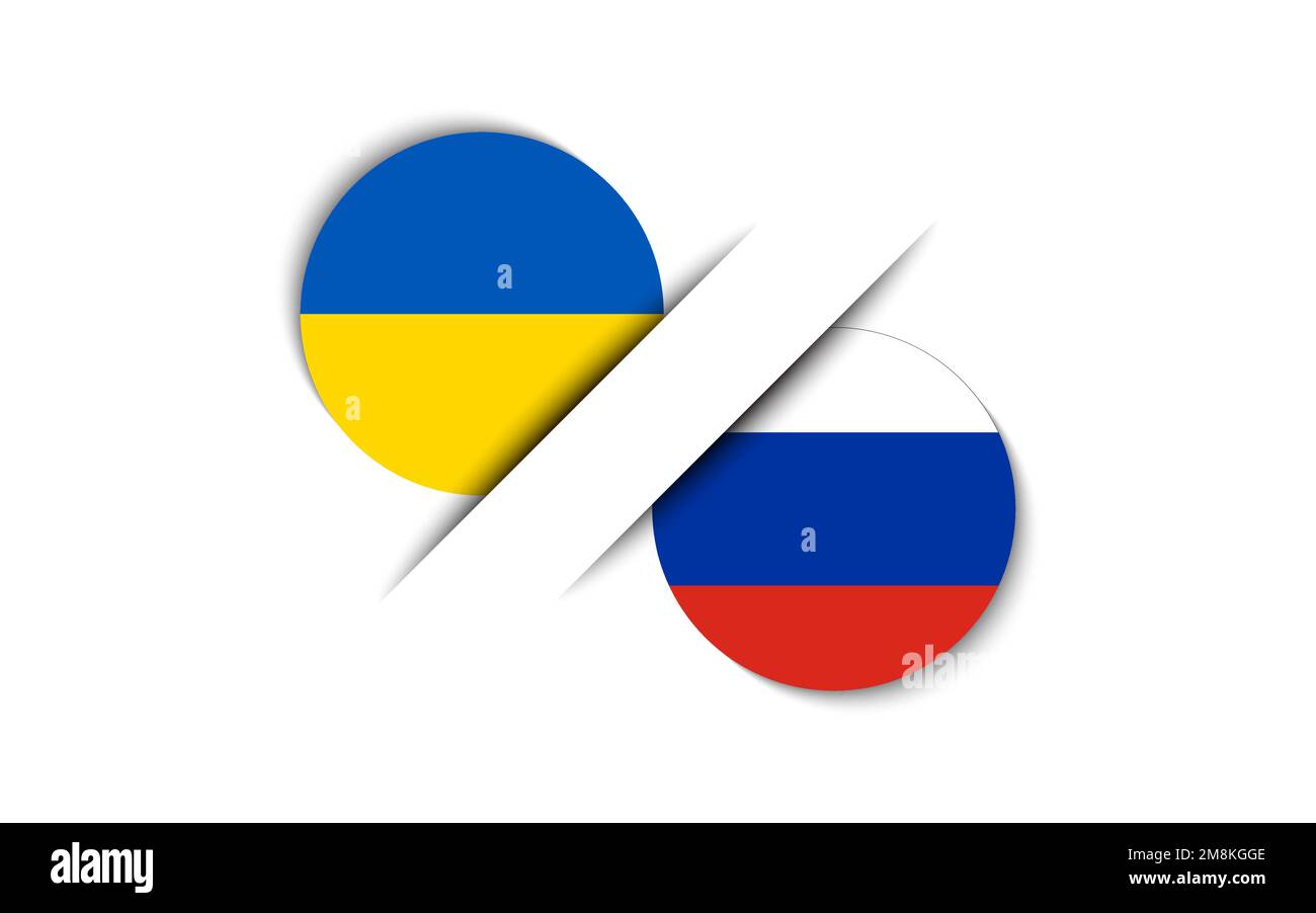 Zwei ukrainische und russische Aufkleber. Flagge der Ukraine und Russlands. Ukrainisches Symbol für Unabhängigkeit und Freiheit. Einfache Symbole mit isolierten Flags auf einem WH Stock Vektor