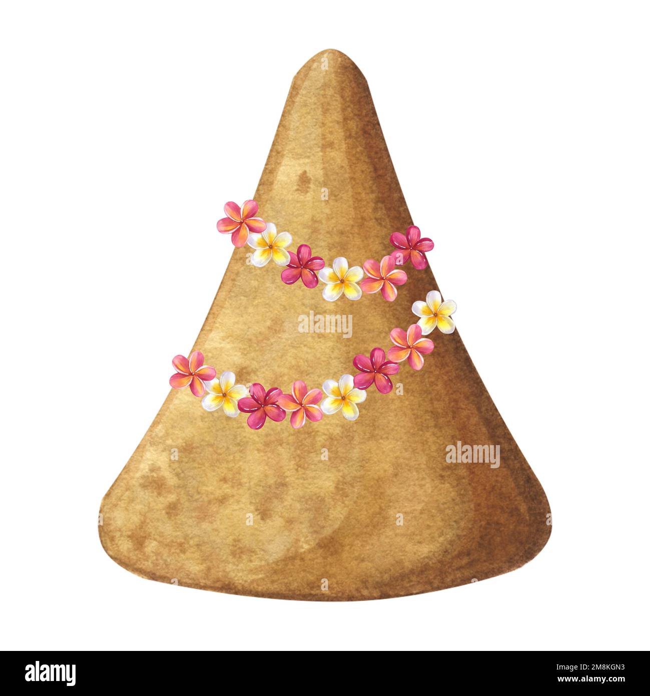 Sandpagode mit Plumeria-Girlande. Songkran Festival Thailand. Traditioneller Neujahrstag. Handgezeichnete Aquarelldarstellung, isoliert auf W. Stockfoto