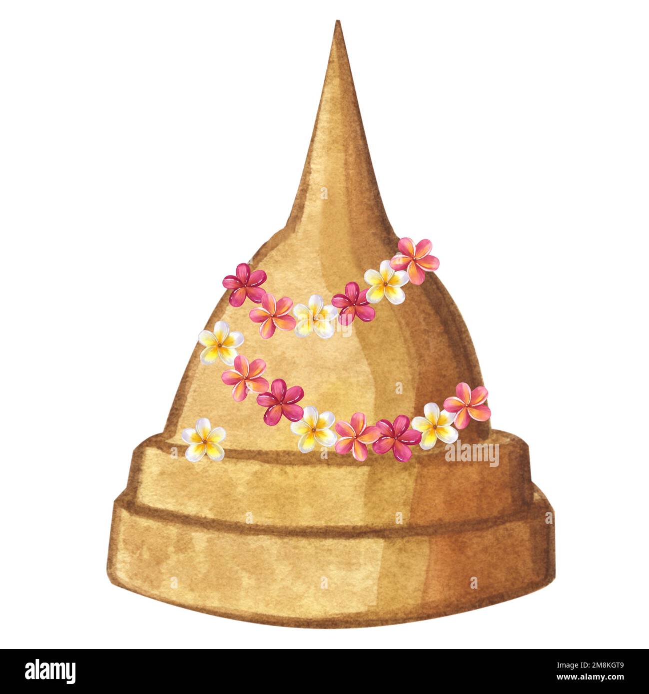 Sandpagode mit Plumeria-Girlande. Songkran Festival Thailand. Traditioneller Neujahrstag. Handgezeichnete Aquarelldarstellung, isoliert auf W. Stockfoto