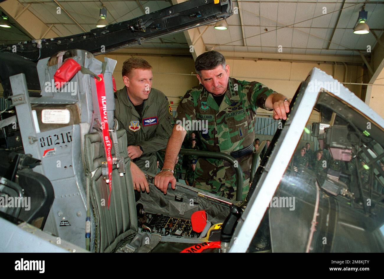 Im Hangar, CAPT. Steve Buchanan, 354. Kampfgeschwader, erklärt Die neuesten Upgrades Von A-10 Thunderbolt-Flugzeugen auf GEN. Ronald Fogelman, STABSCHEF der Luftwaffe. Basis: Luftwaffenstützpunkt Davis-Monthan Bundesstaat: Arizona (AZ) Land: Vereinigte Staaten von Amerika (USA) Stockfoto