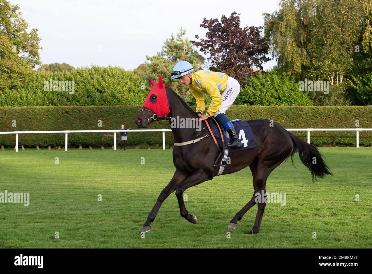 Windsor, Berkshire, Großbritannien. 3. Oktober 2022. Horse Rose Barton, geritten vom Jockey Benoit de la Sayette, geht auf die Rennstrecke, bevor Sky Sports Racing HD Virigin 535 Handicap Stakes (Klasse 4) auf der Windsor Racecourse stattfindet. Kredit: Maureen McLean/Alamy Stockfoto