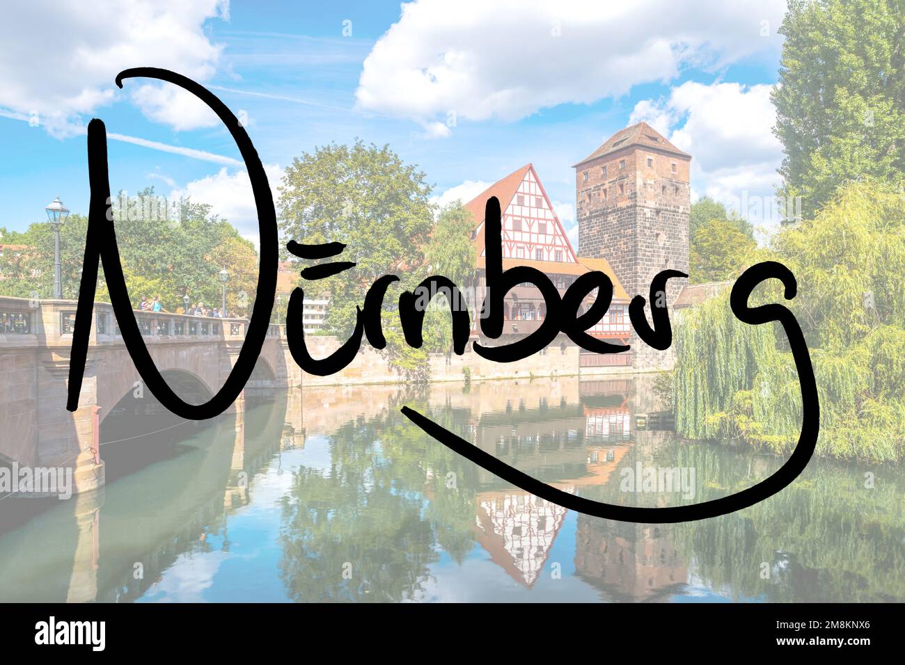 Name der Stadt handgeschrieben mit einem Foto des Ortes im Hintergrund Stockfoto