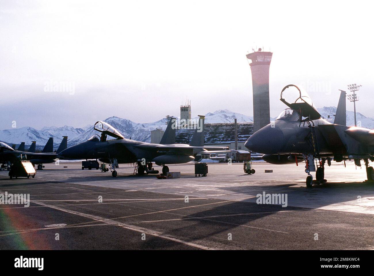 Vorderansicht der F-15s, zugeordnet zu der 54. Kampfgeschwader, die auf der Rampe geparkt ist. Der Kontrollturm und die schneebedeckten Berge sind im Hintergrund. Basis: Luftwaffenstützpunkt Elmendorf Bundesstaat: Alaska (AK) Land: Vereinigte Staaten von Amerika (USA) Stockfoto