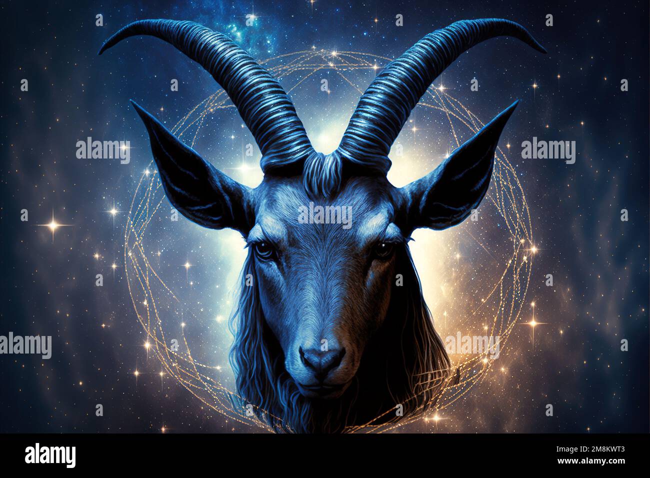 Zodiakzeichen von Capricorn, Ziegenkopf mit magischem Licht im Weltraum, generative KI. Steinbock auf blauem Sternenhimmel. Konzept der Astrologie, Horosop Stockfoto