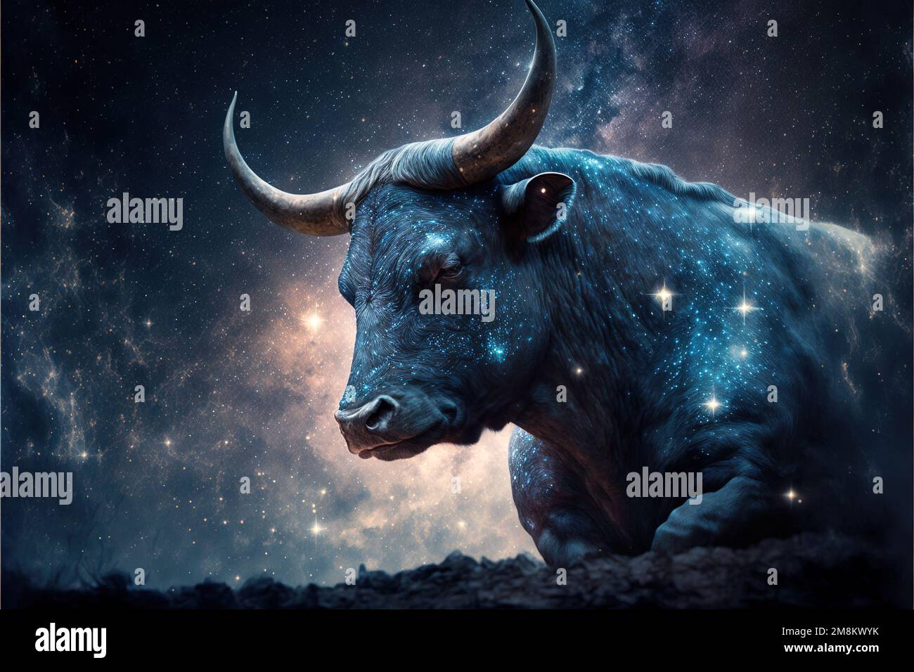 Zodiakzeichen von Taurus, Stier mit magischem Licht im Weltall, generative KI. Taurus auf blauem Sternenhimmel. Konzept der Astrologie, Horoskop, Universum, f Stockfoto