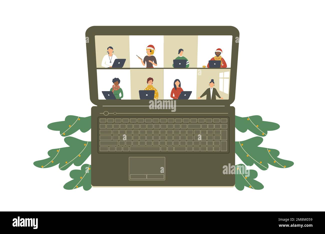 Das Konzept der Weihnachtsvideokonferenz, des Fernunterrichts oder des Online-Trainings. Laptop mit vielen offenen Fenstern auf der Internetseite Stockfoto