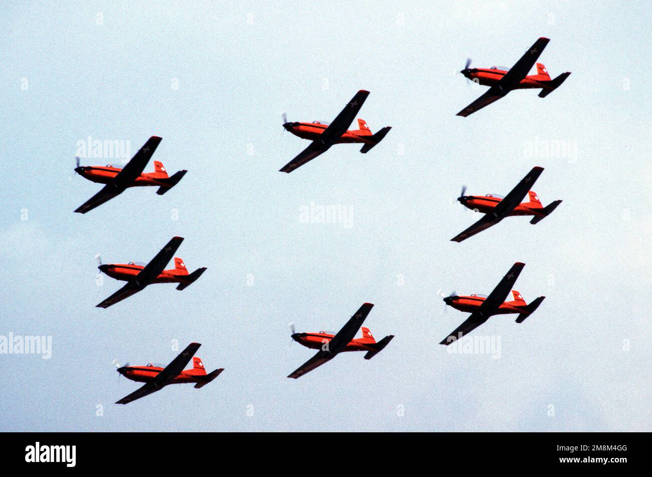 Luftaufnahme von neun Flugzeugen der Swiss Air Force PC-7 während ihrer Leistung. Betreff Operation/Serie: ALI SU AVIANO '96 FLUGPLATZ: Luftwaffenstützpunkt Aviano Staat: Pordenone Land: Italien (ITA) Stockfoto
