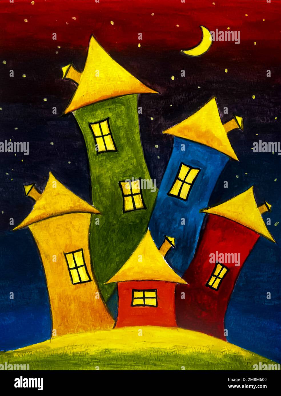 Bunte, süße Häuser bei Nacht. Kunstmalerei aus Acryl. Stockfoto