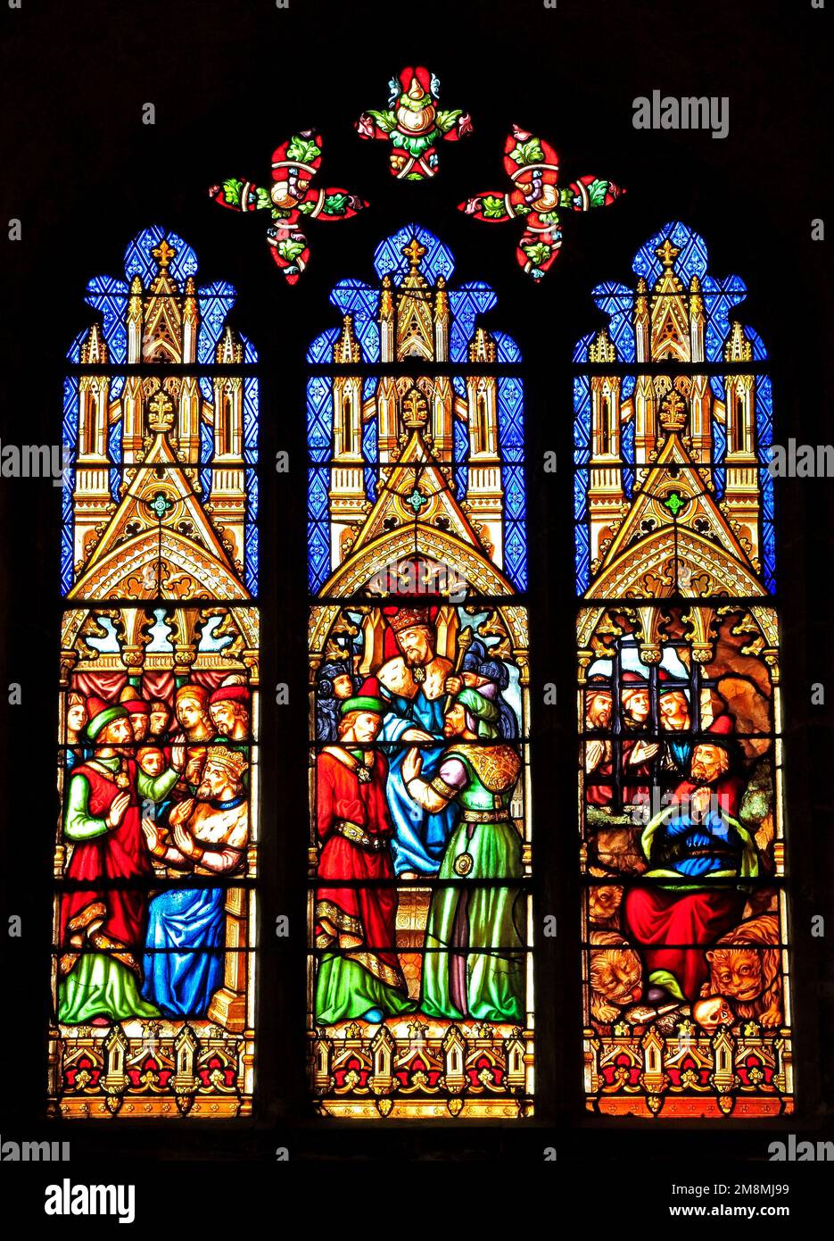 Buntglasfenster, Story of Daniel, mit König Darius, im Löwenhäuschen, von Lusson von Paris, Ely Cathedral, Mitte des 19. Jahrhunderts, Cambridgeshire. Stockfoto