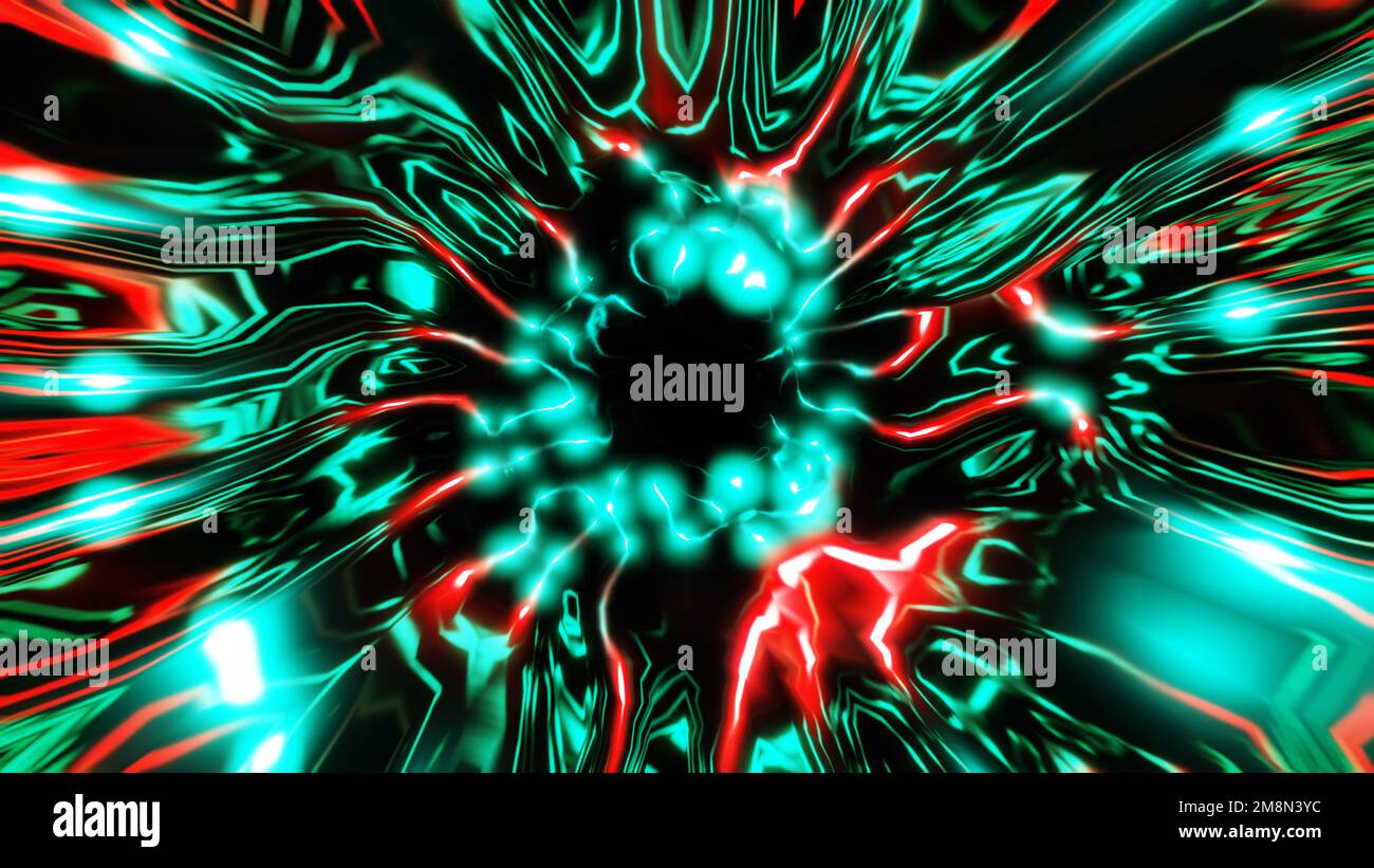 Beschleunigender Würfel im farbenfrohen Sci-Fi-Tunnel VJ-Loop abstrakte Vorlage Hintergrund 3D-Rendering-Illustration. Stockfoto