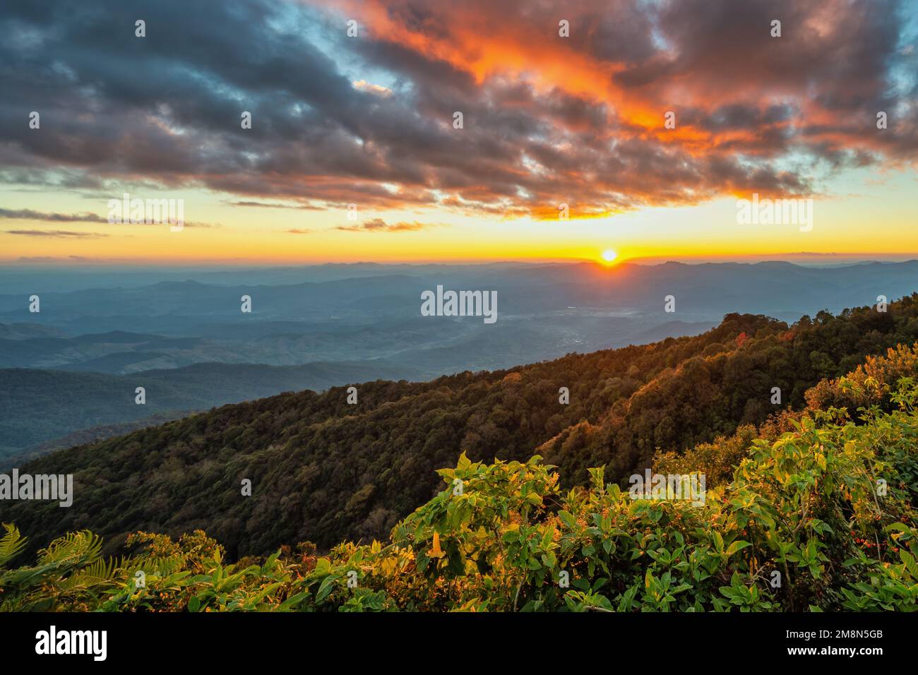 Tropischer Wald Naturlandschaft Sonnenuntergang mit Bergkette im Doi Inthanon, Chiang Mai Thailand Stockfoto