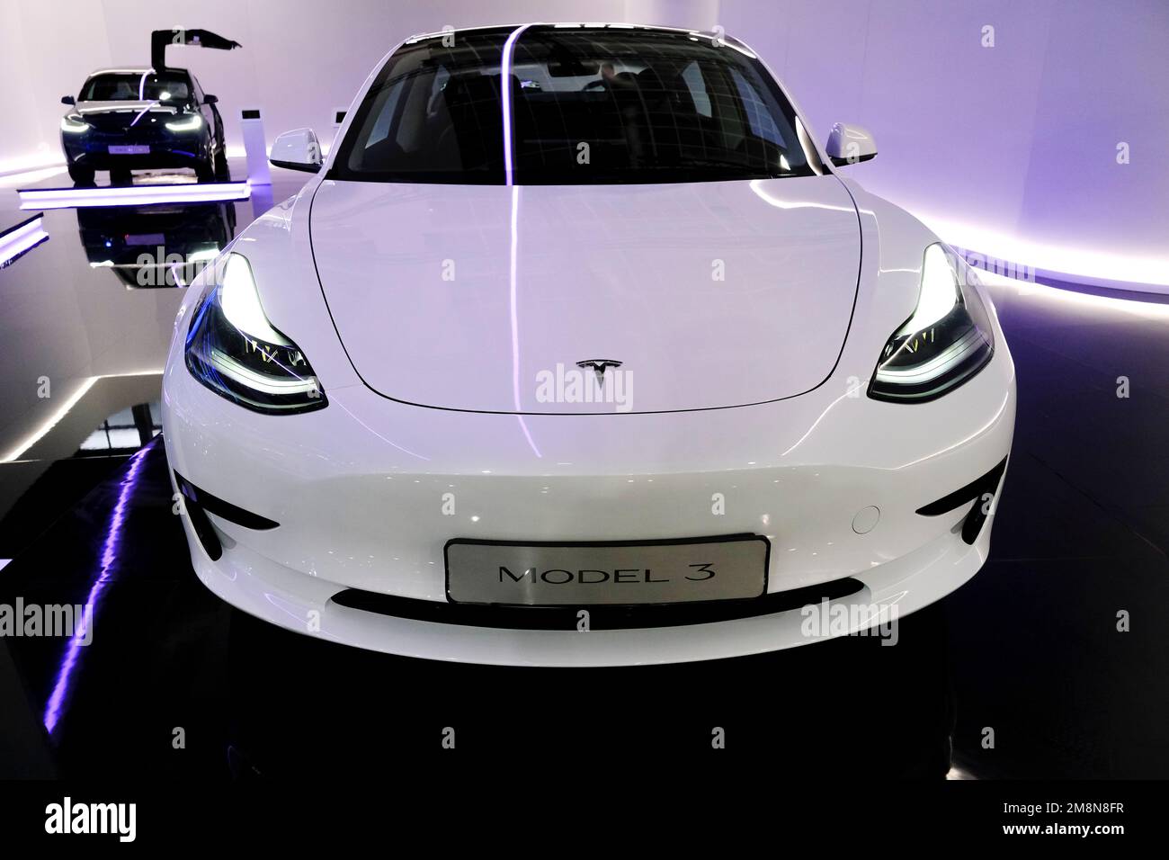 Brüssel, Belgien. 13. Januar 2023. Tesla-Auto wird bei der Eröffnung der Brüsseler Motormesse auf der Expo in Brüssel am 13. Januar 2023 ausgestellt. Kredit: ALEXANDROS MICHAILIDIS/Alamy Live News Stockfoto