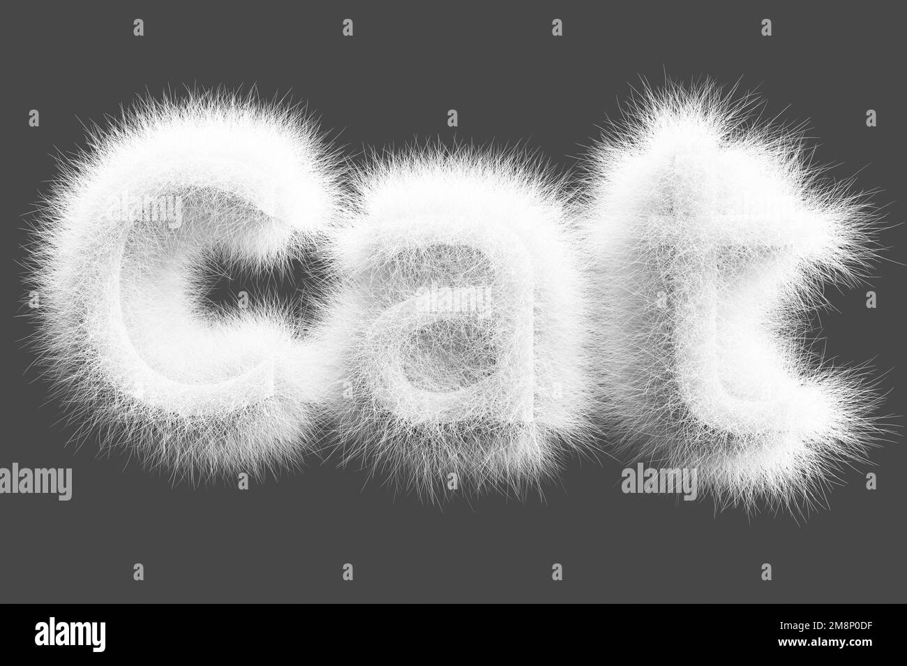 3D-Visualisierung. Schriftzug Katze aus weißer Wolle auf grauem Hintergrund. Stockfoto