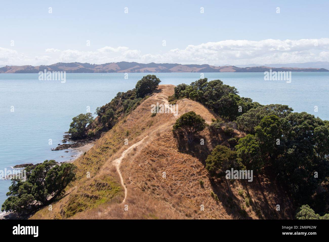 Der Blick auf die malerische Landschaft mit Wanderweg, trockenem Grashang und blauem Meer im Hintergrund an einem sonnigen Tag, Duder Regional Park, Auckland City, Ne Stockfoto