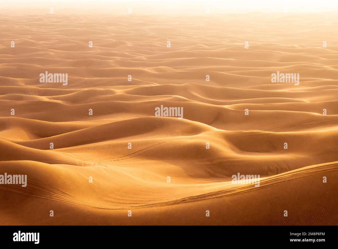 Das rote Deset außerhalb von Dubai, mit einer Düne im Vordergrund und einem Dünen, die sich bis zum Horizont im Hintergrund erstrecken Stockfoto