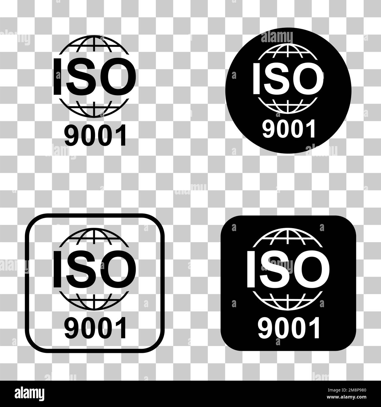 Satz mit ISO 9001-Symbol. Symbol für Standardqualität. Vektor-Button-Zeichen auf weißem Hintergrund isoliert. Stock Vektor
