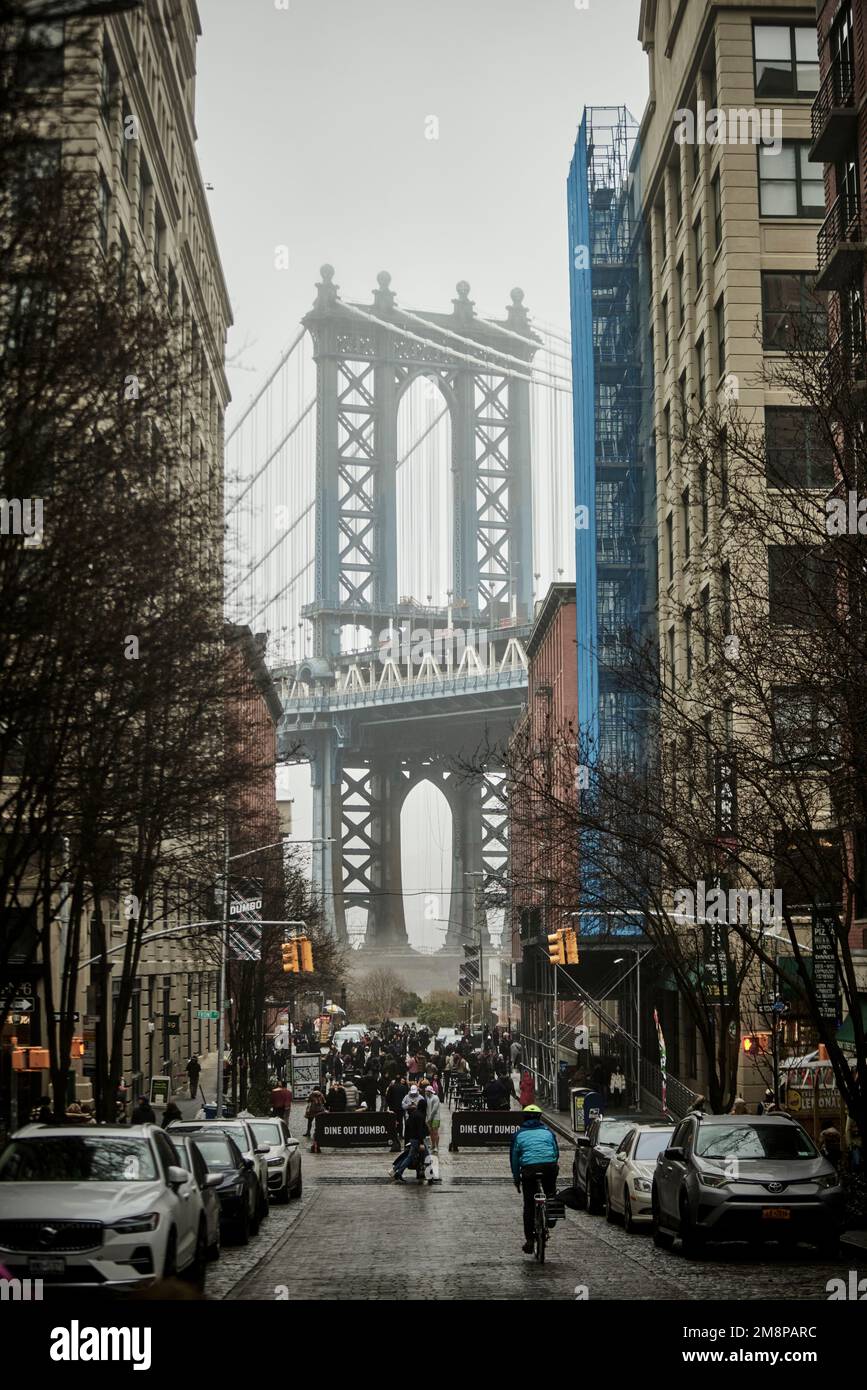 New York City, Brooklyn Dumbo Gegend mit Wahrzeichen Manhattan Bridge Stockfoto