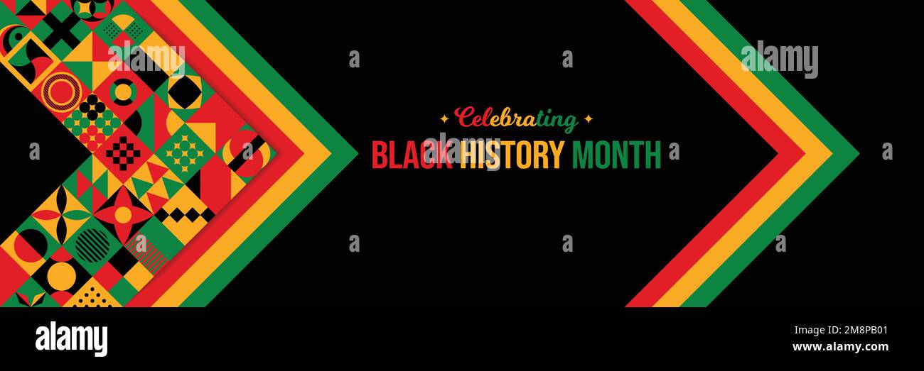 Wir Feiern Den Hintergrund Des Black History Month. Poster zur Bewusstseinsfeier im Februar. Vektordarstellung der horizontalen Website-Header-Banner. Neo Geometrisch Stock Vektor