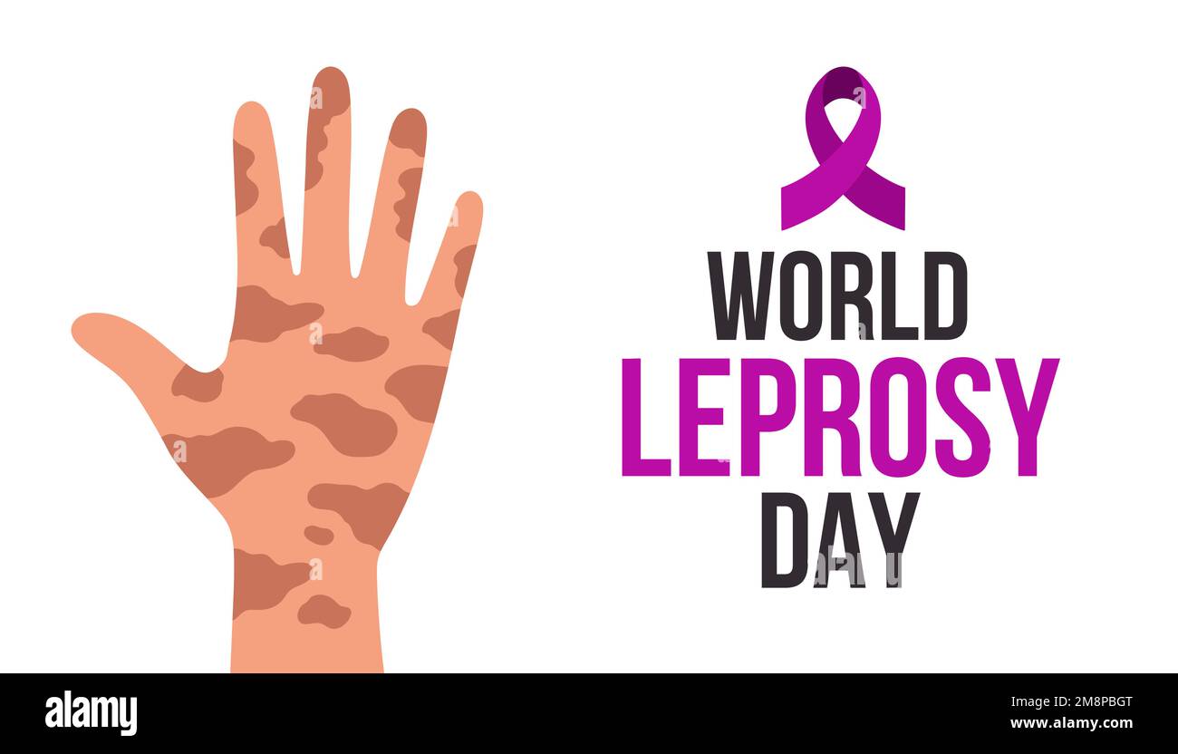 Vektordarstellung des Welt-Lepra-Tages mit Hand und violettem Band. Lepra-Tagesposter auf weißem Hintergrund. Stock Vektor