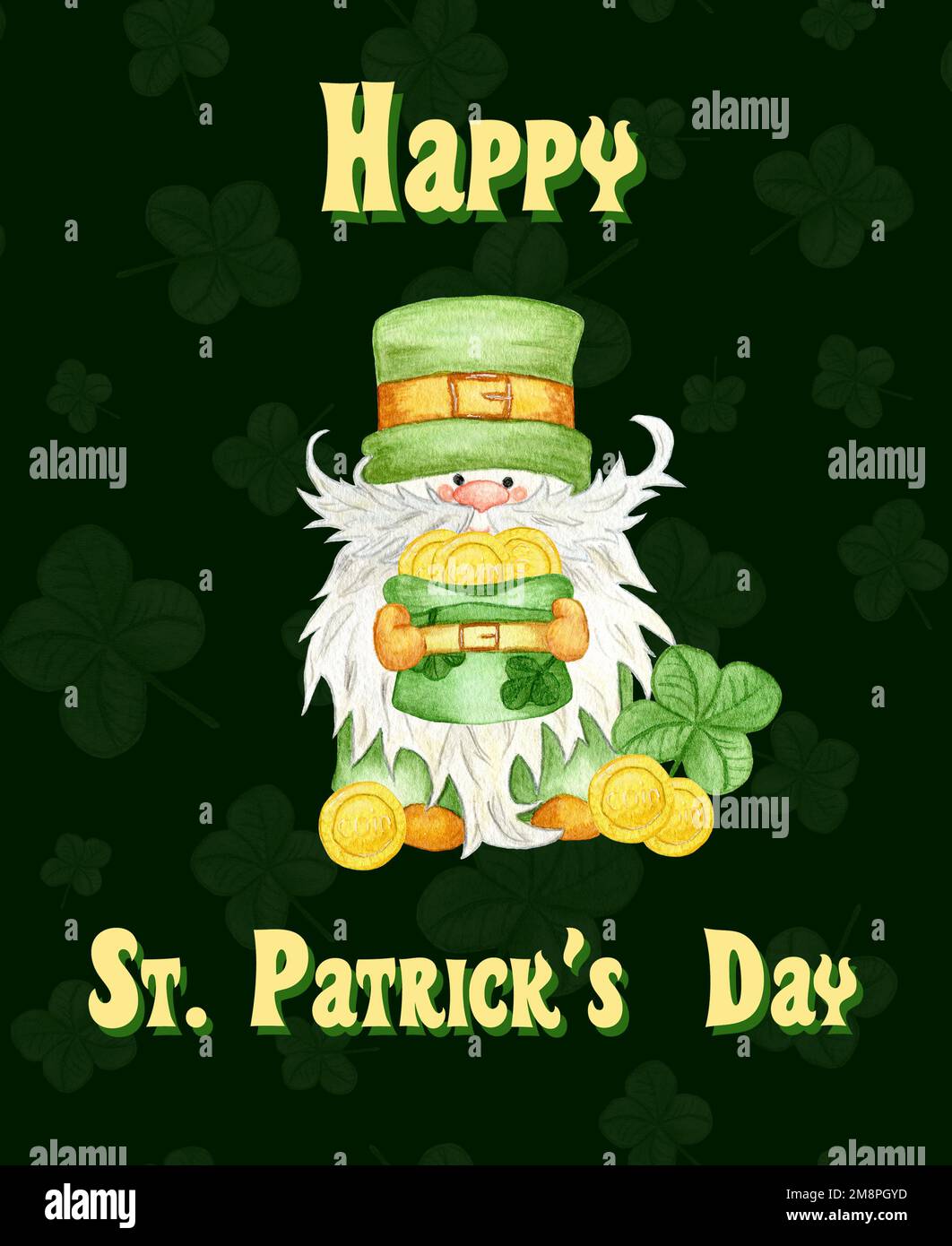 Aquarelle Postkarte für St. Patricks Tag. Illustration mit Leprechaun, Zwerg mit Münzen in Hut und Klee. Stockfoto