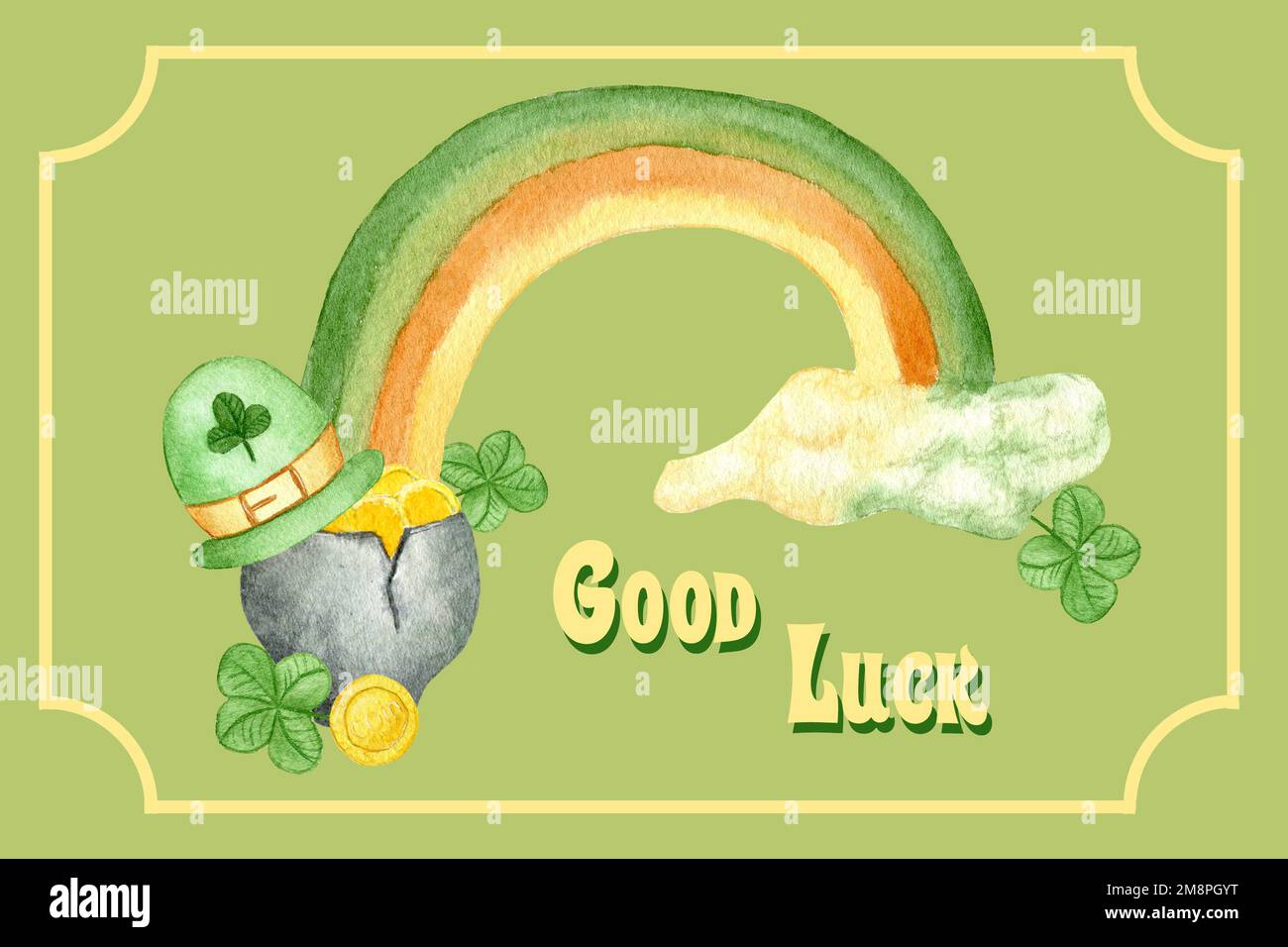 Aquarelle Postkarte für St. Patricks Tag. Illustration mit Kessel mit Münzen, Regenbogen und Klee. Viel Glück. Stockfoto