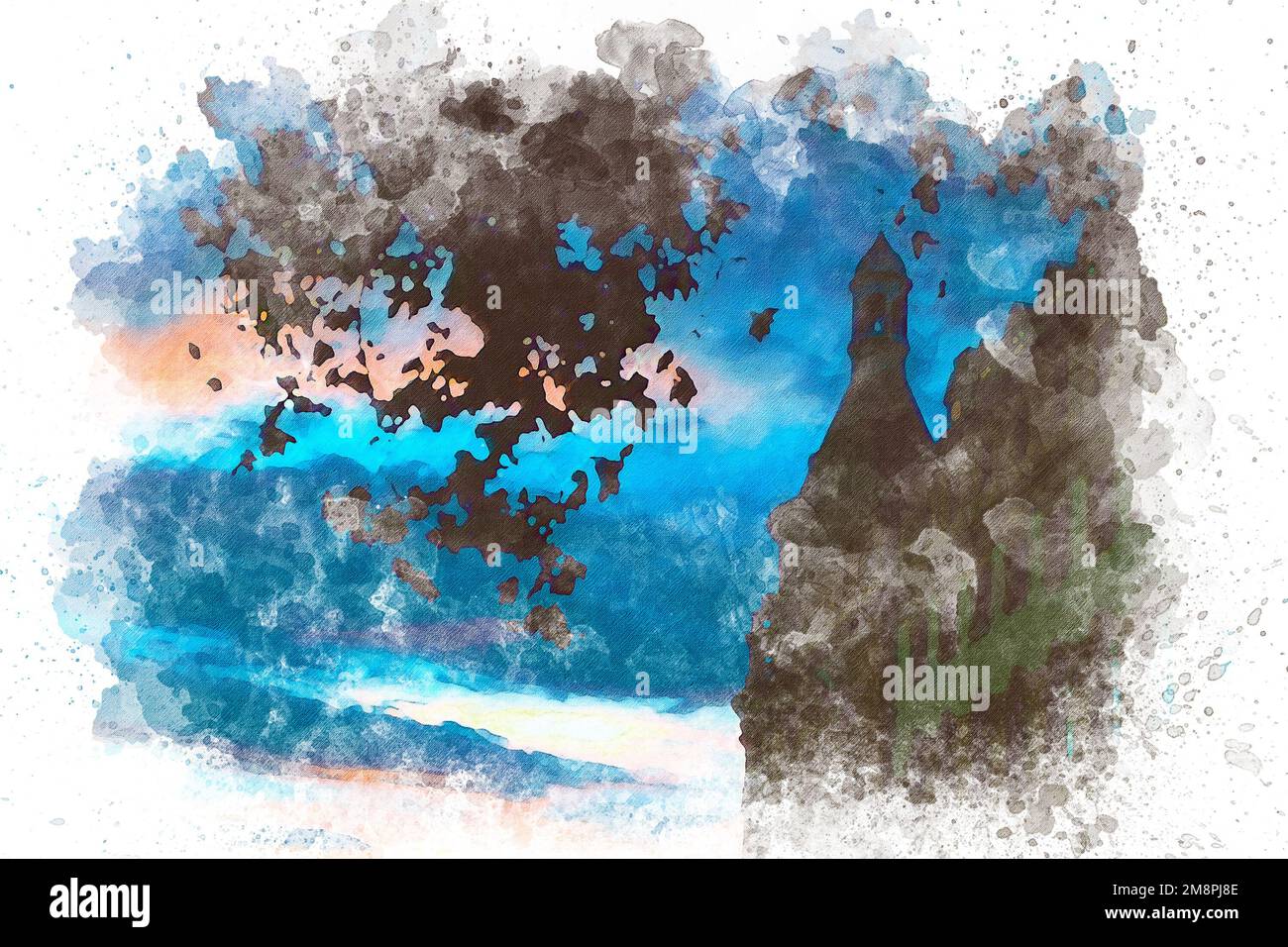 Aquarelle Kunst, Haydarpasa Bahnhof Silhouette bei Sonnenuntergang. Stockfoto