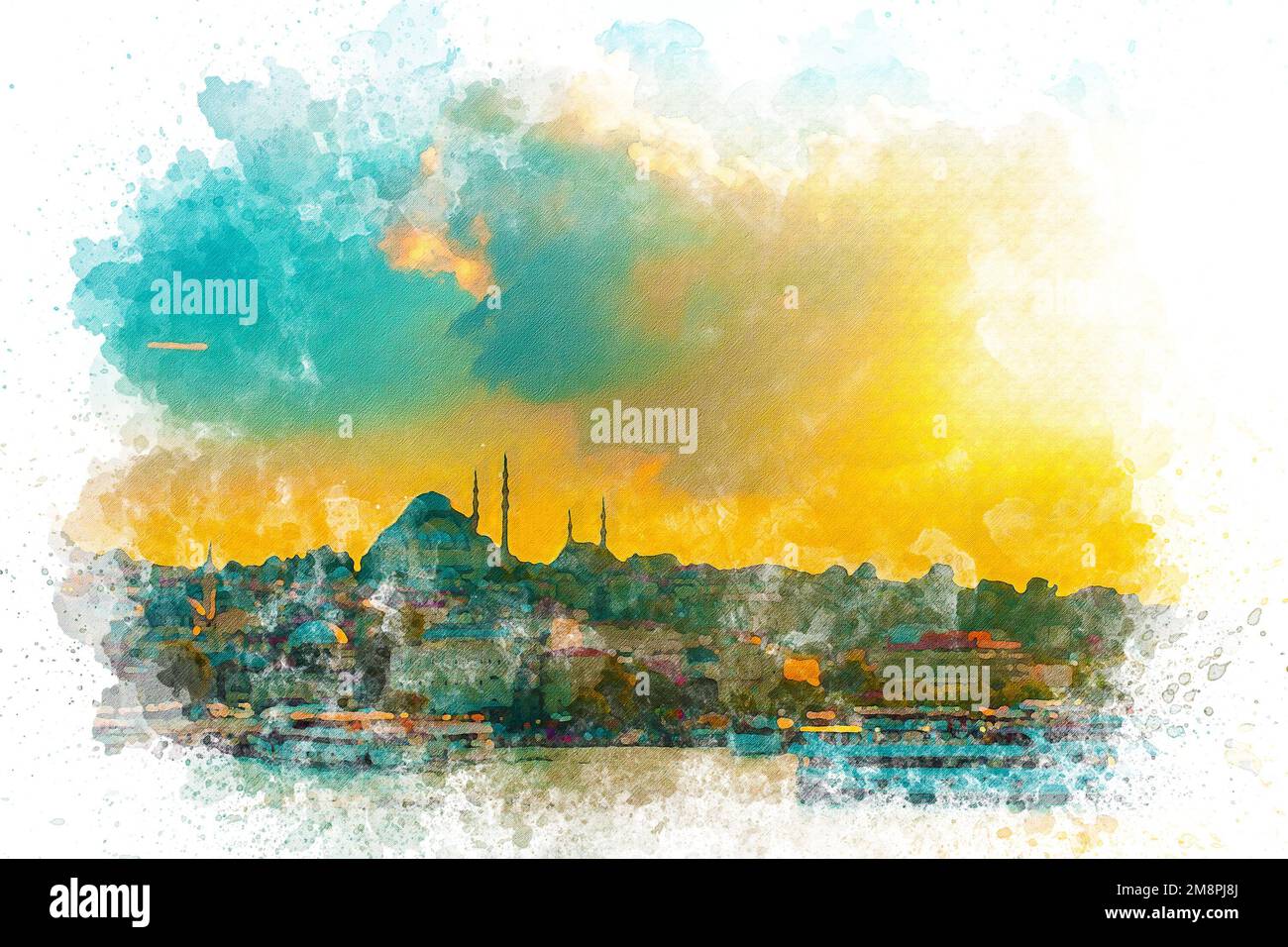 Aquarellkunst Istanbul-Silhouette mit Blick auf den Sonnenuntergang Stockfoto