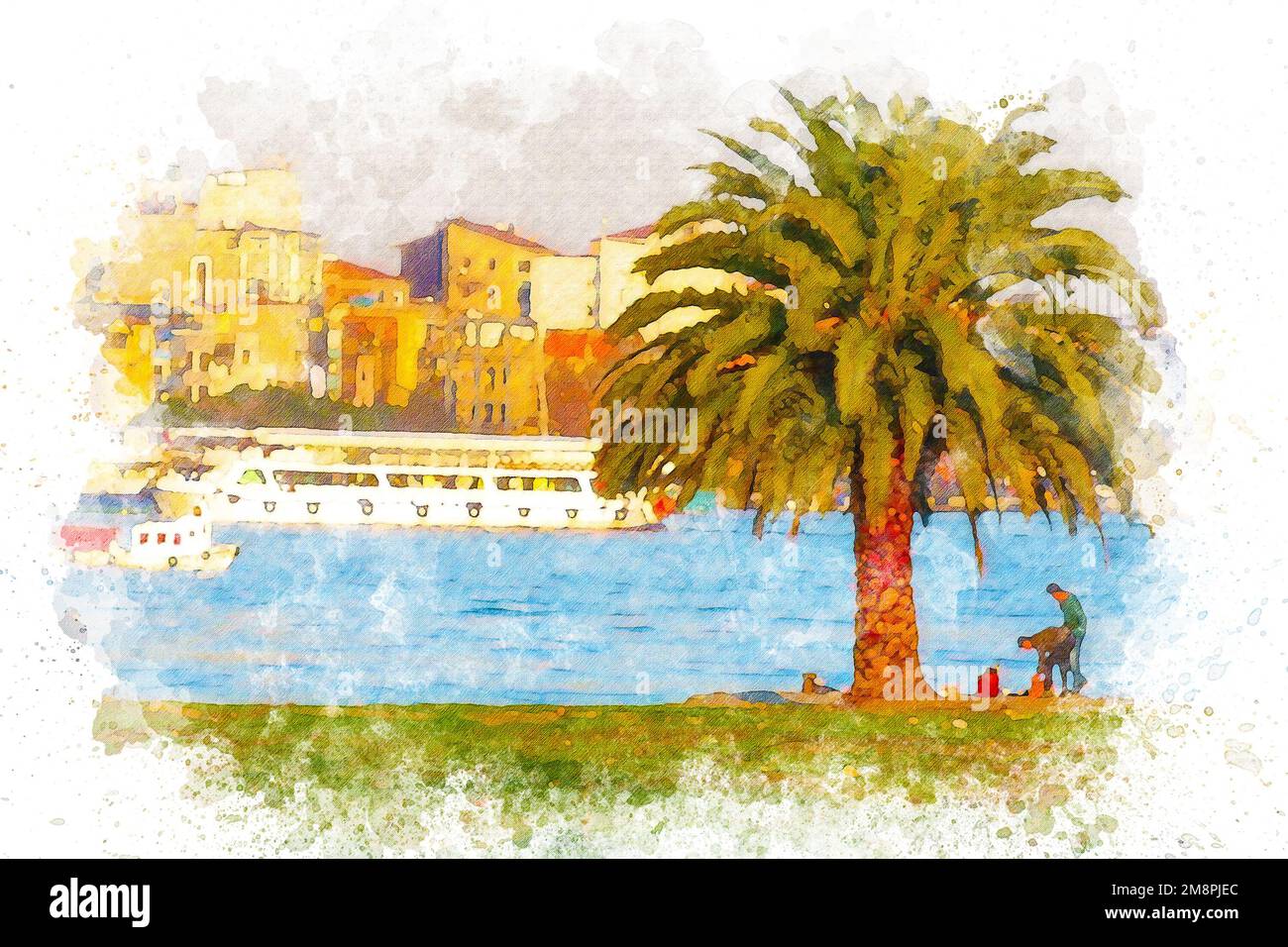 Watercolorart, Palmen Küstenlandschaft und Fähre auf dem Bosporus Stockfoto