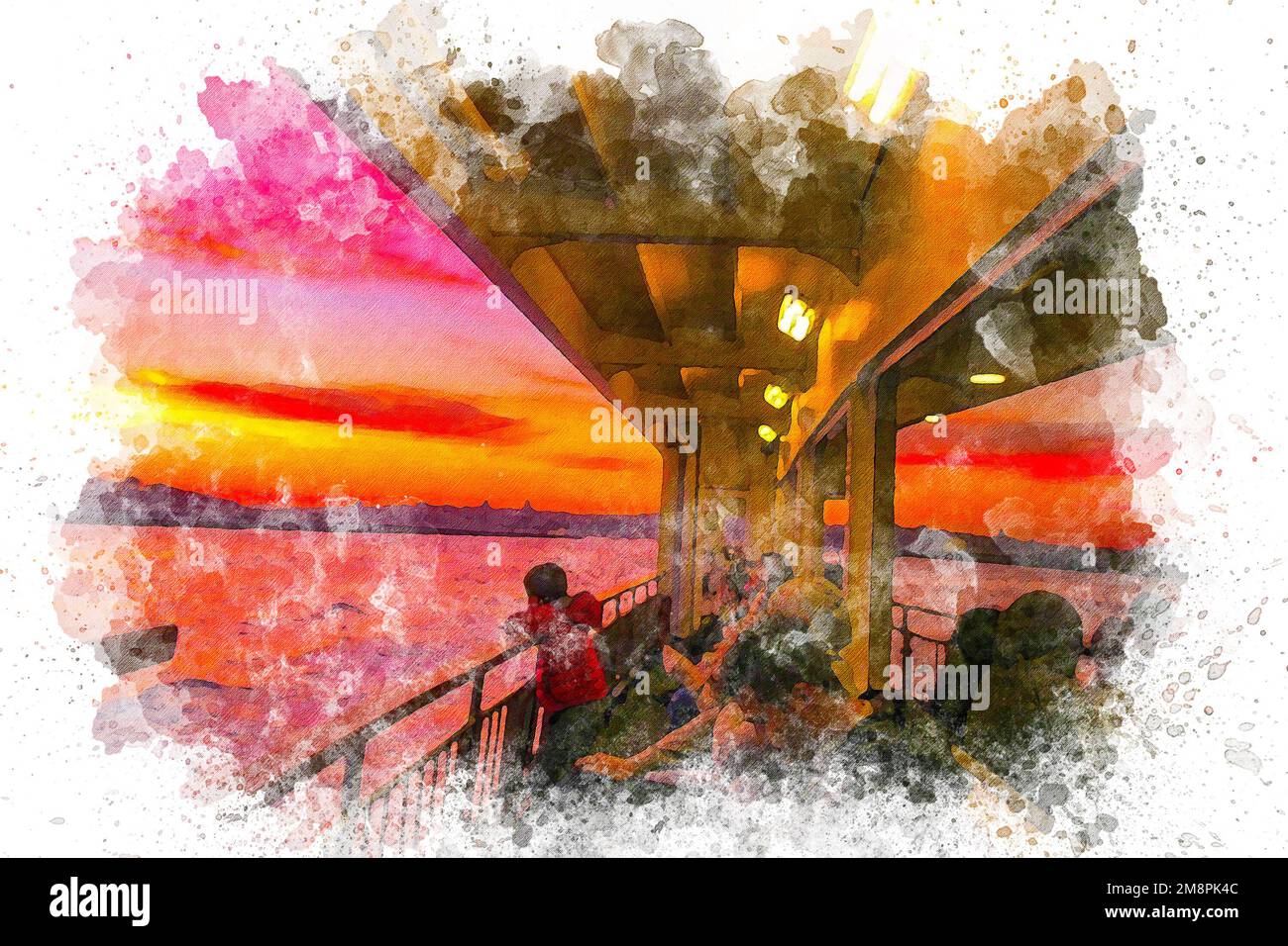 Aquarellkunst, Leute, die auf einer Fähre bei Sonnenuntergang in Istanbul unterwegs sind. Stockfoto