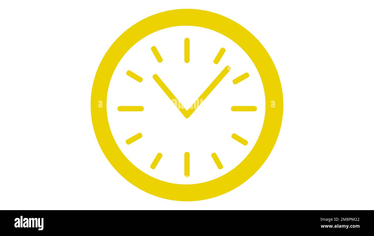 Uhrsymbol. Einfache flache Uhr. Wanduhr, rund, gelbe Analoguhr mit Pfeil und Kerben Stockfoto