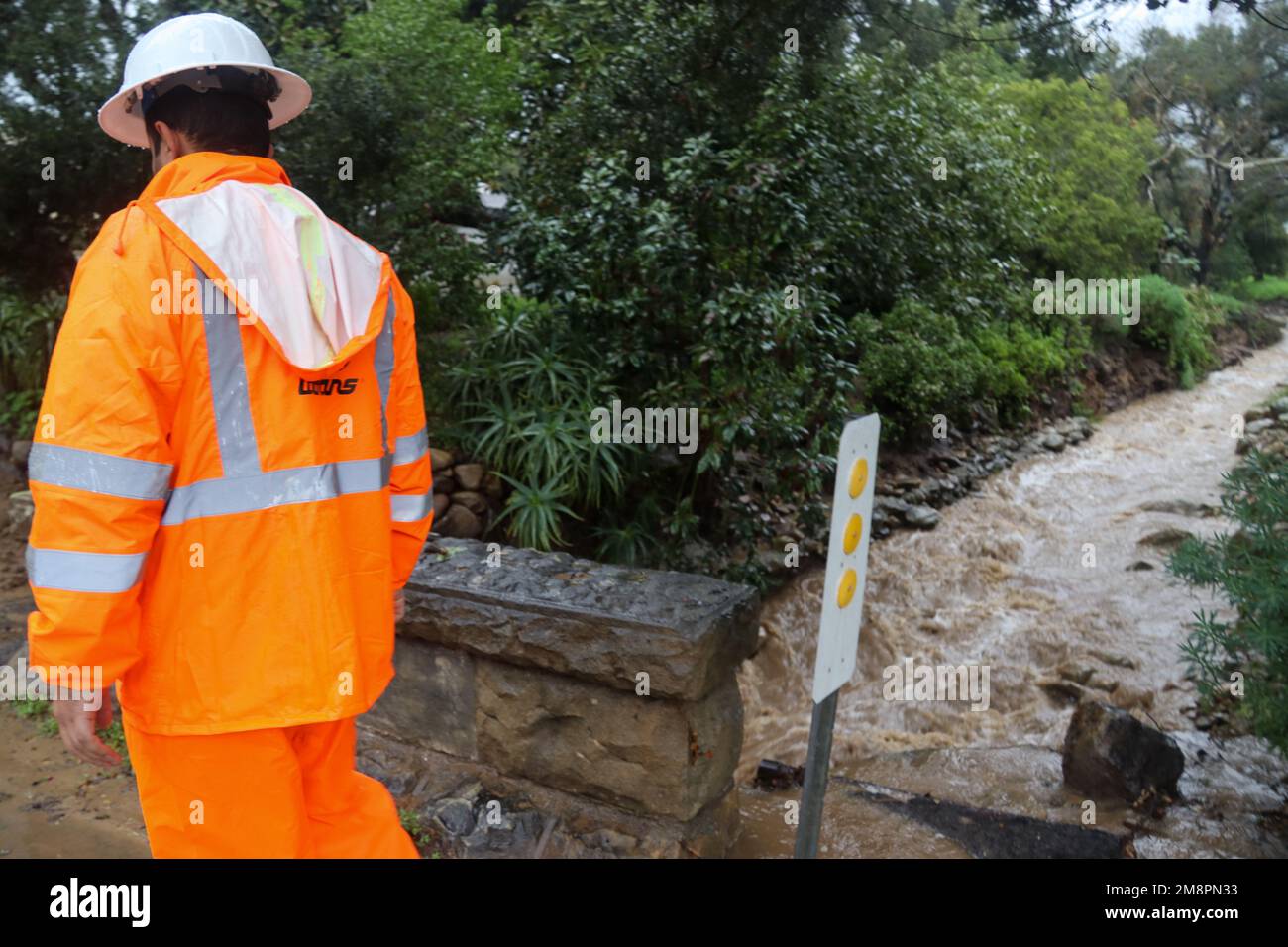 Santa Barbara, Kalifornien, USA 14. Januar 2023. Ein Mitarbeiter von CAL TRANS (California Transportation) mit weißem Schutzhelm und orangefarbener Regenjacke bewertet einen überfluteten Bach in Montecito, CA. (Kreditbild: © Amy Katz/ZUMA Press Wire) NUR REDAKTIONELLE VERWENDUNG! Nicht für den kommerziellen GEBRAUCH! Kredit: ZUMA Press, Inc./Alamy Live News Stockfoto